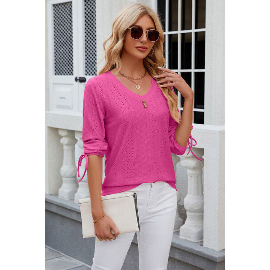 Eyelet Drawstring V - Neck Half Sleeve T - Shirt Hot Pink / S Apparel and Accessories