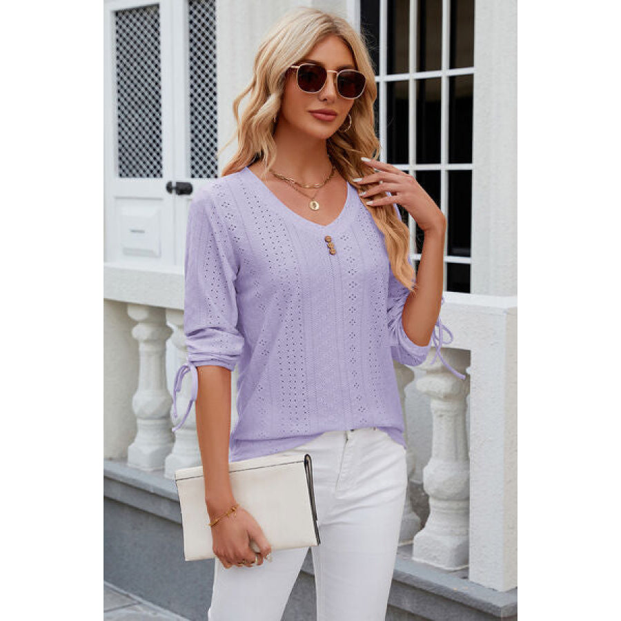 Eyelet Drawstring V - Neck Half Sleeve T - Shirt Lavender / S Apparel and Accessories