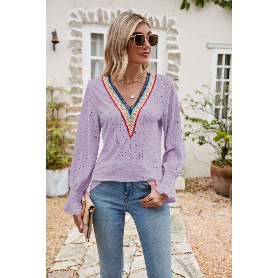 Eyelet Flounce Sleeve V-Neck Blouse Lavender / S