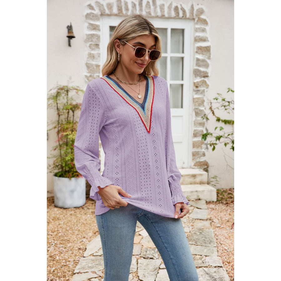Eyelet Flounce Sleeve V-Neck Blouse
