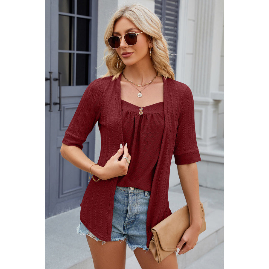 Eyelet Half Sleeve T - Shirt Wine / S Apparel and Accessories