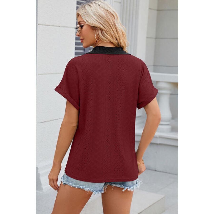 Eyelet Johnny Collar Short Sleeve T - Shirt Apparel and Accessories