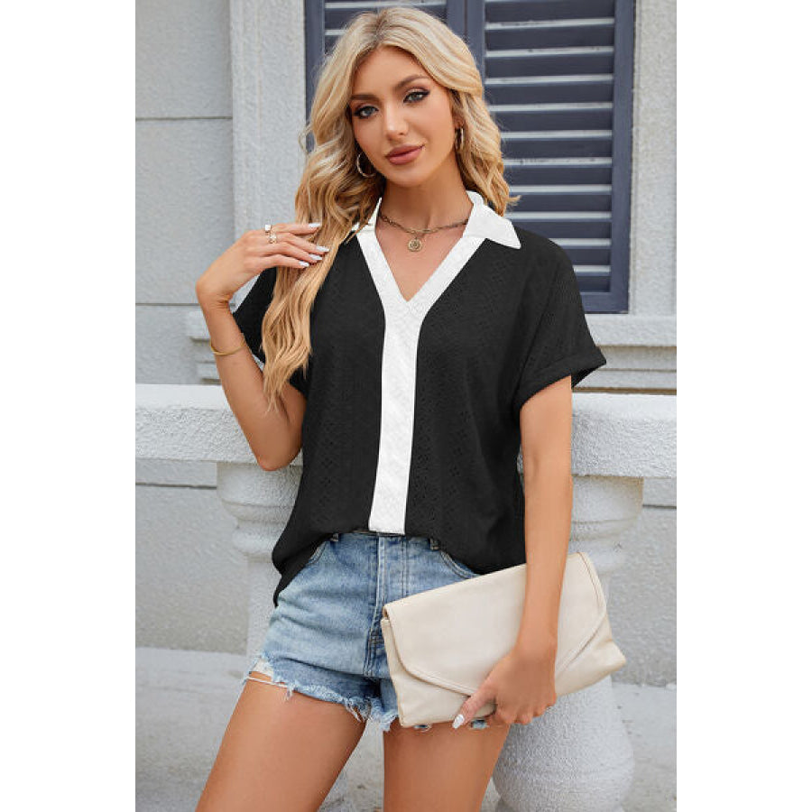 Eyelet Johnny Collar Short Sleeve T - Shirt Apparel and Accessories
