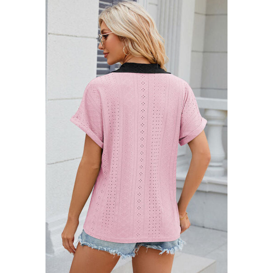 Eyelet Johnny Collar Short Sleeve T - Shirt Apparel and Accessories