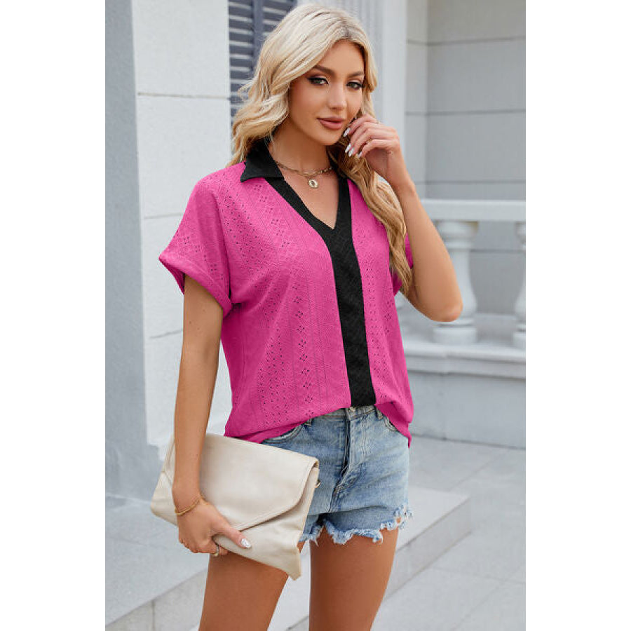 Eyelet Johnny Collar Short Sleeve T - Shirt Apparel and Accessories