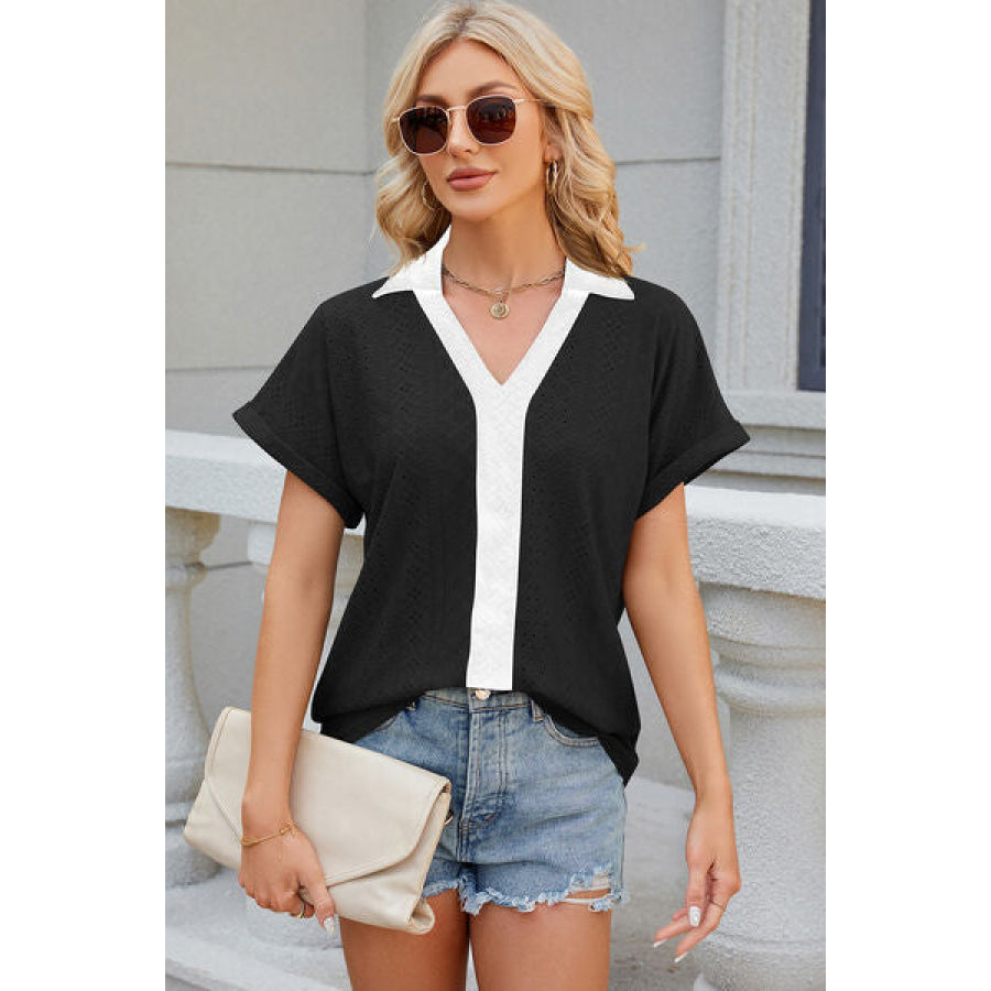 Eyelet Johnny Collar Short Sleeve T - Shirt Apparel and Accessories