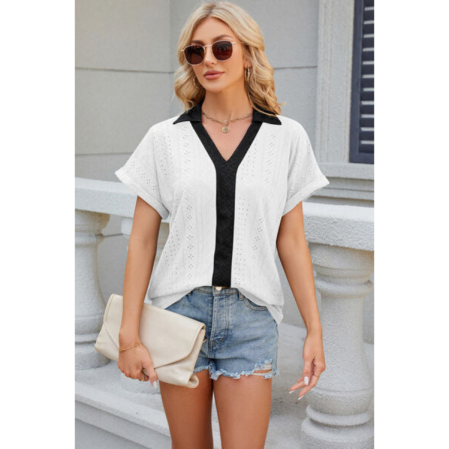 Eyelet Johnny Collar Short Sleeve T - Shirt Apparel and Accessories