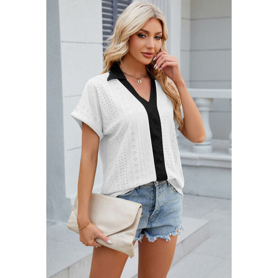 Eyelet Johnny Collar Short Sleeve T - Shirt Apparel and Accessories
