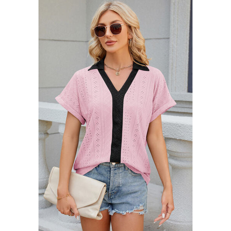 Eyelet Johnny Collar Short Sleeve T - Shirt Apparel and Accessories