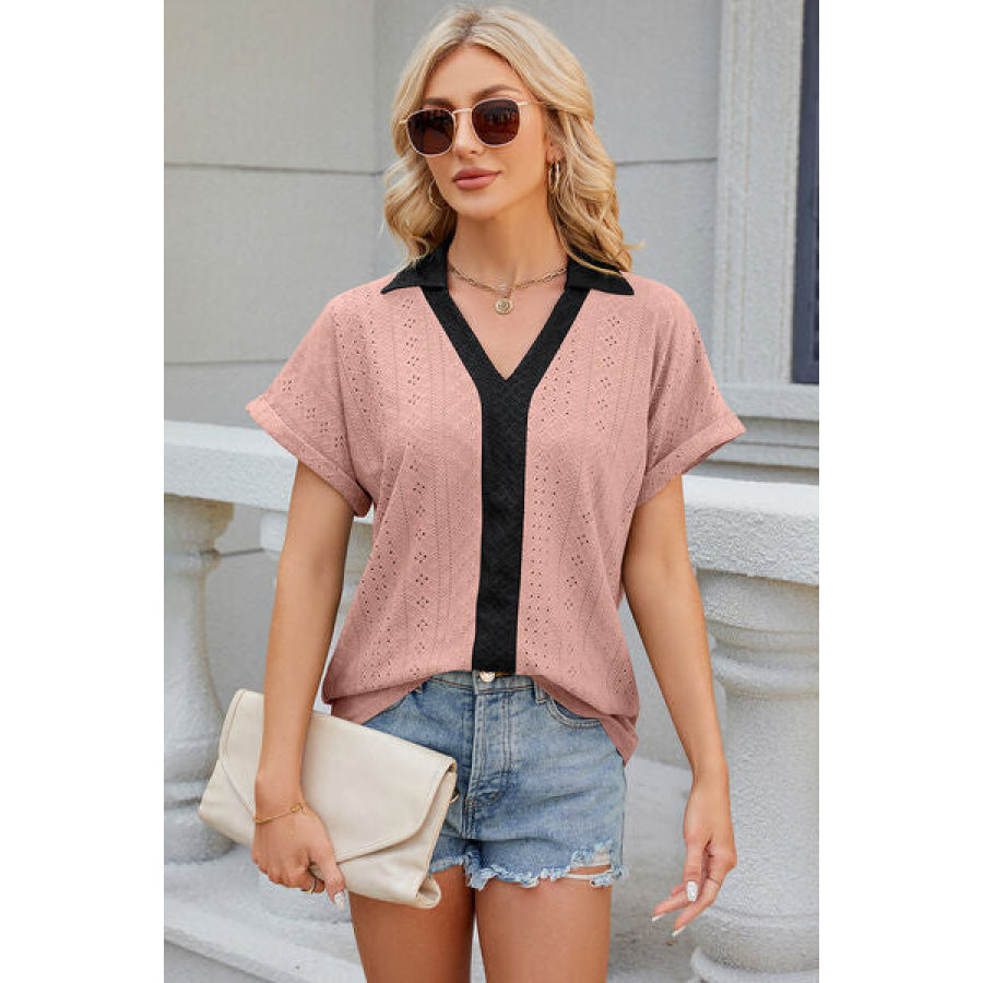 Eyelet Johnny Collar Short Sleeve T - Shirt Dusty Pink / S Apparel and Accessories