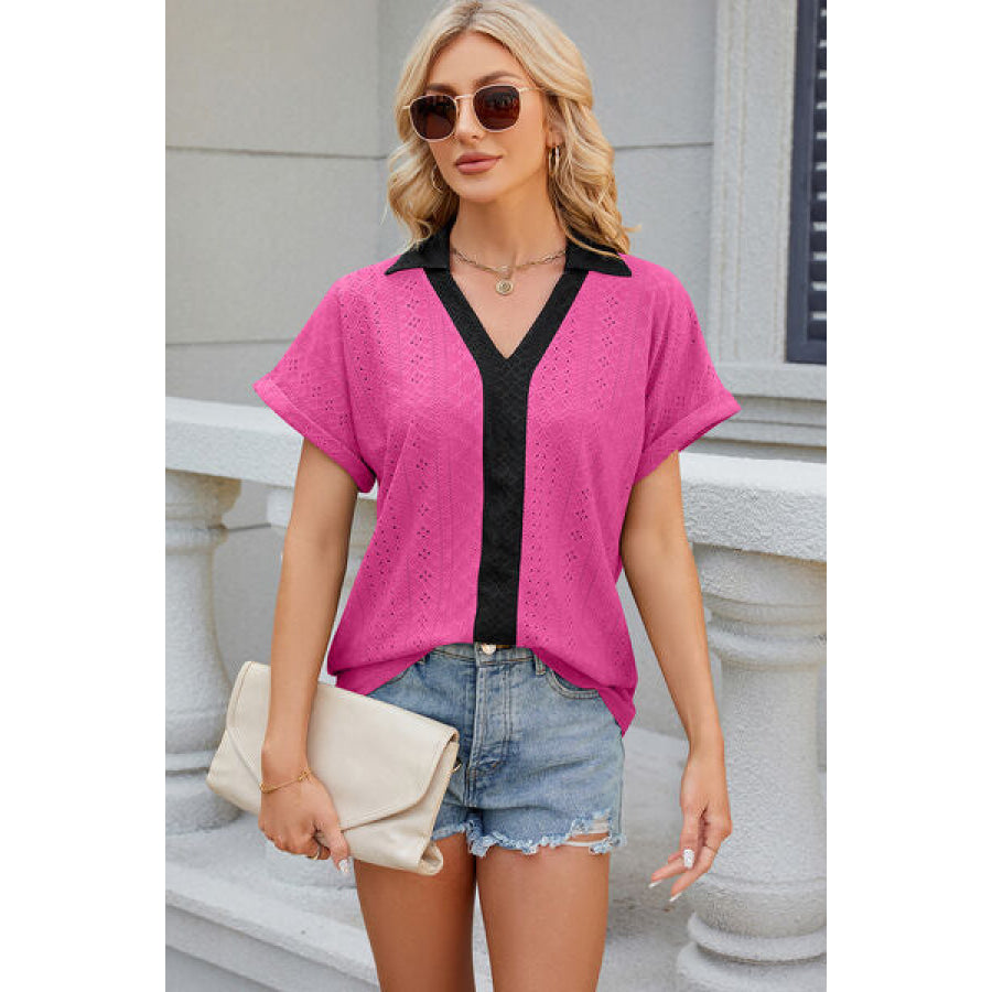 Eyelet Johnny Collar Short Sleeve T - Shirt Hot Pink / S Apparel and Accessories