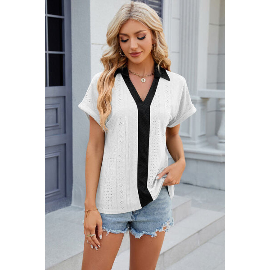 Eyelet Johnny Collar Short Sleeve T - Shirt White / S Apparel and Accessories