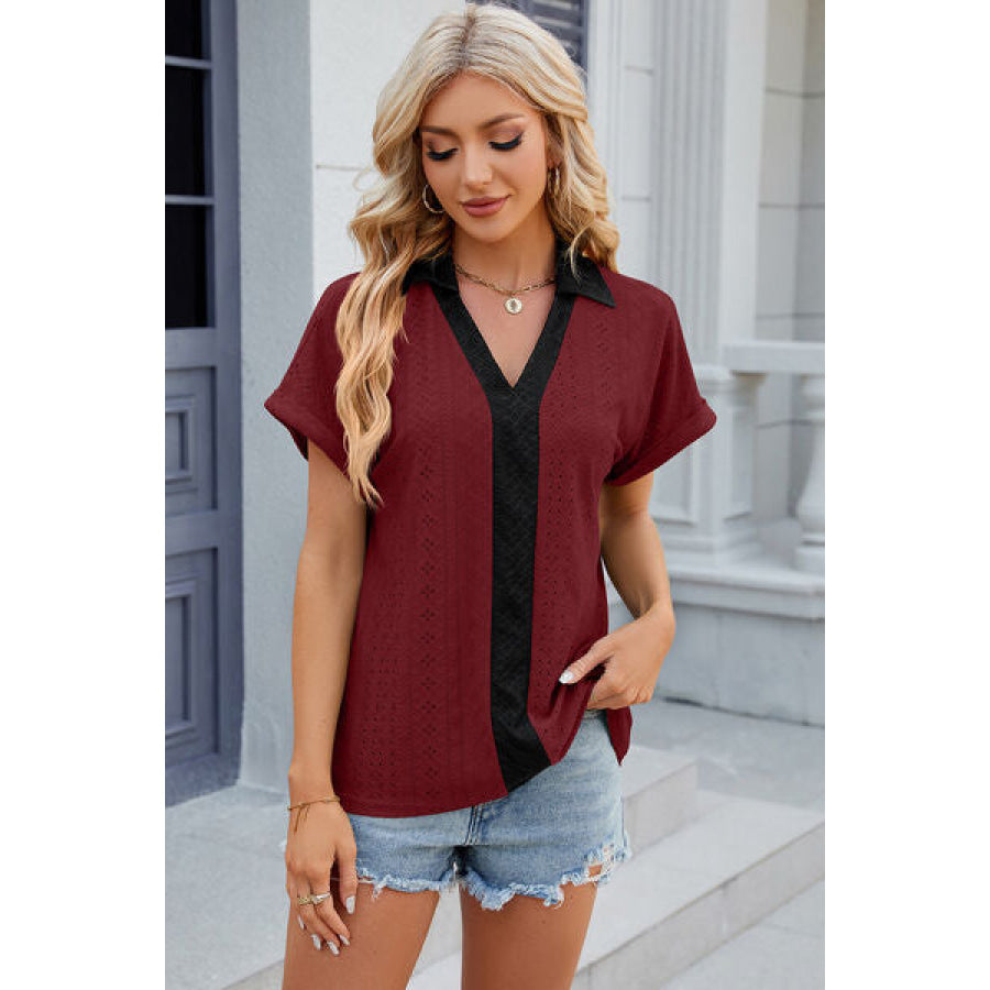Eyelet Johnny Collar Short Sleeve T - Shirt Wine / S Apparel and Accessories