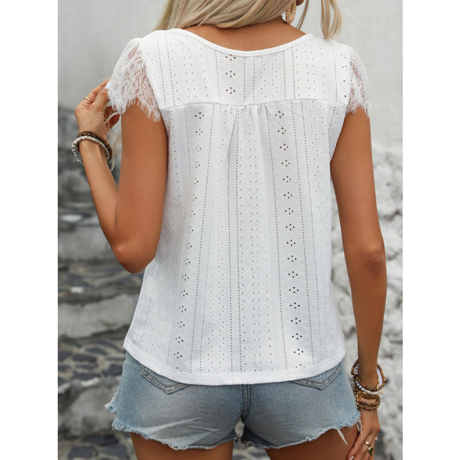 Eyelet Lace Detail V-Neck Cap Sleeve Top Apparel and Accessories