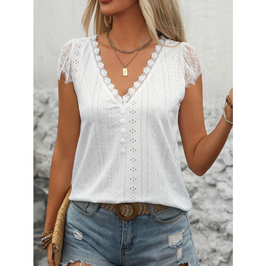 Eyelet Lace Detail V-Neck Cap Sleeve Top White / S Apparel and Accessories