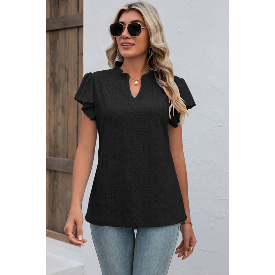 Eyelet Notched Flutter Sleeve T - Shirt Apparel and Accessories