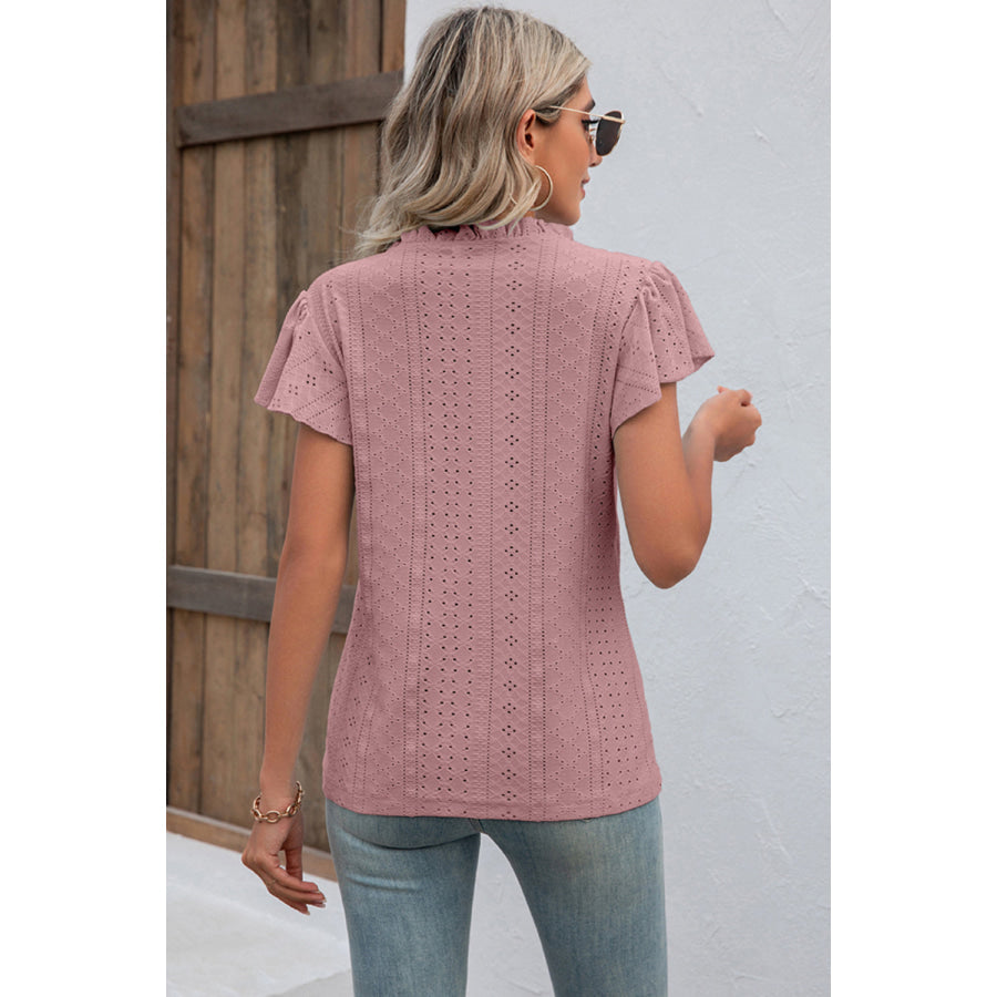 Eyelet Notched Flutter Sleeve T - Shirt Apparel and Accessories