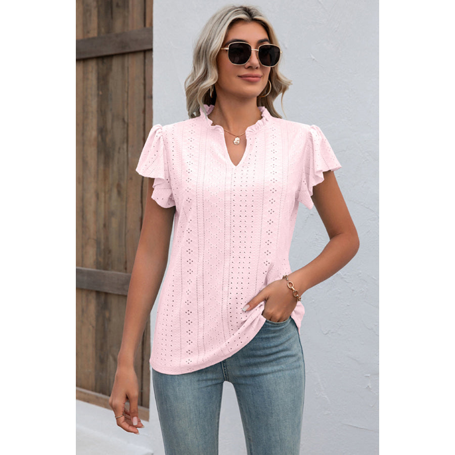 Eyelet Notched Flutter Sleeve T - Shirt Apparel and Accessories