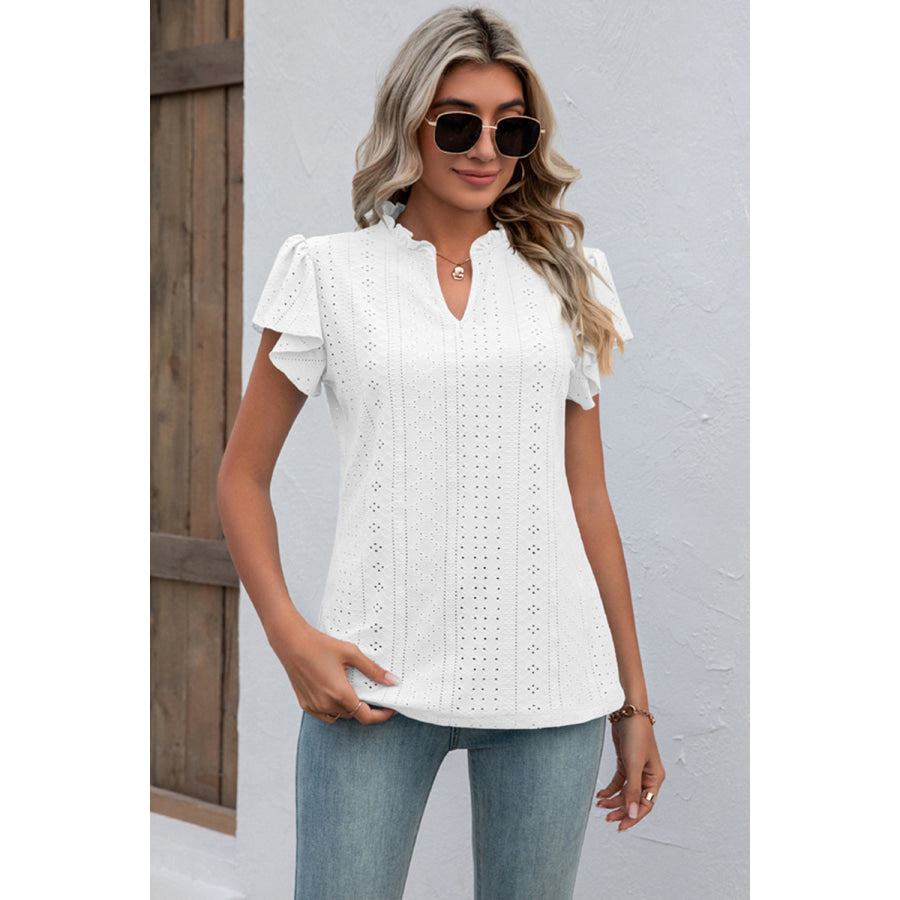Eyelet Notched Flutter Sleeve T - Shirt Apparel and Accessories