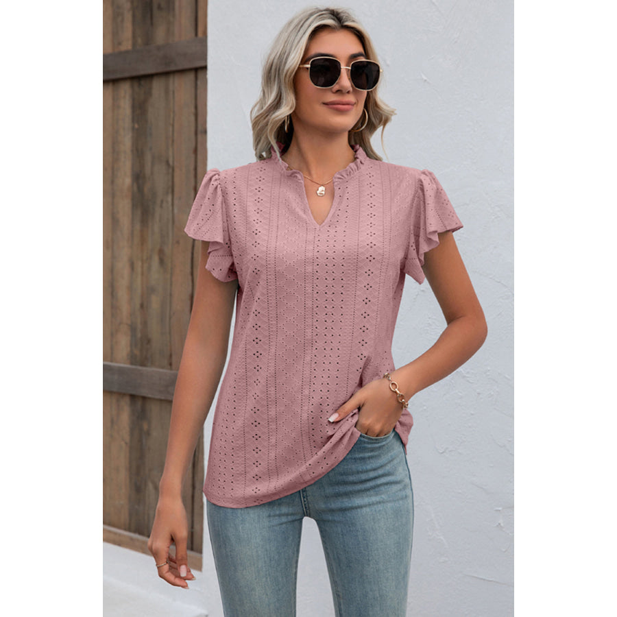 Eyelet Notched Flutter Sleeve T - Shirt Apparel and Accessories