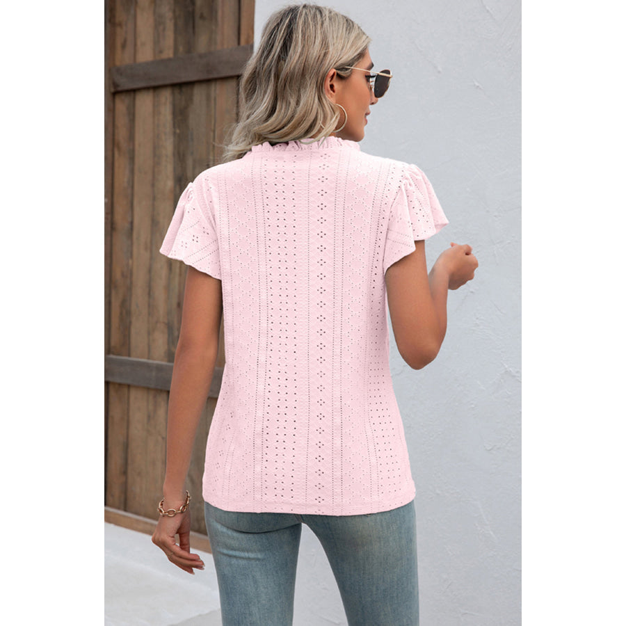 Eyelet Notched Flutter Sleeve T - Shirt Apparel and Accessories