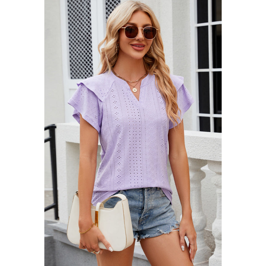 Eyelet Notched Flutter Sleeve T - Shirt Apparel and Accessories
