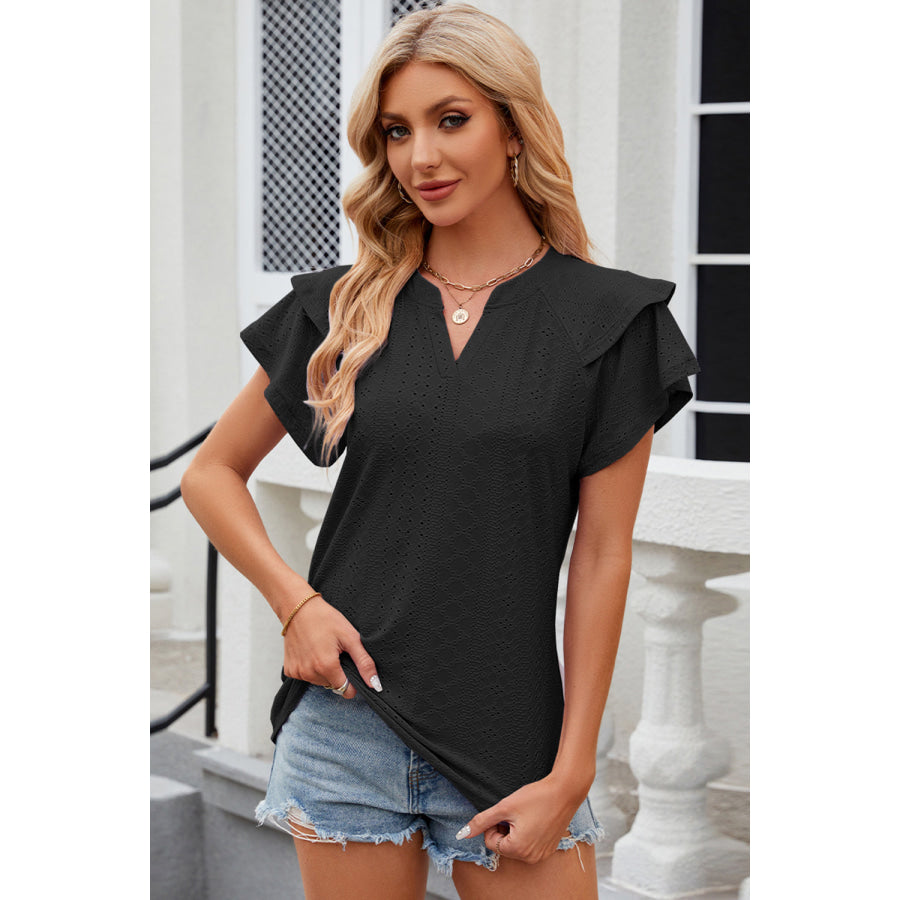 Eyelet Notched Flutter Sleeve T - Shirt Black / S Apparel and Accessories