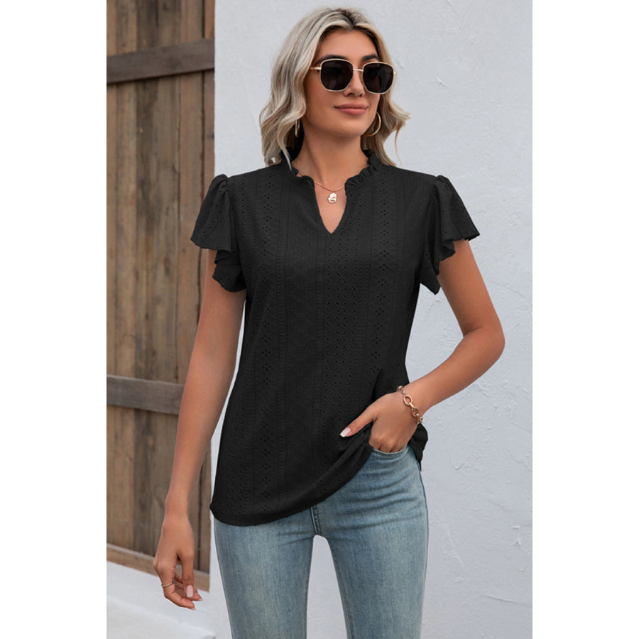 Eyelet Notched Flutter Sleeve T - Shirt Black / S Apparel and Accessories