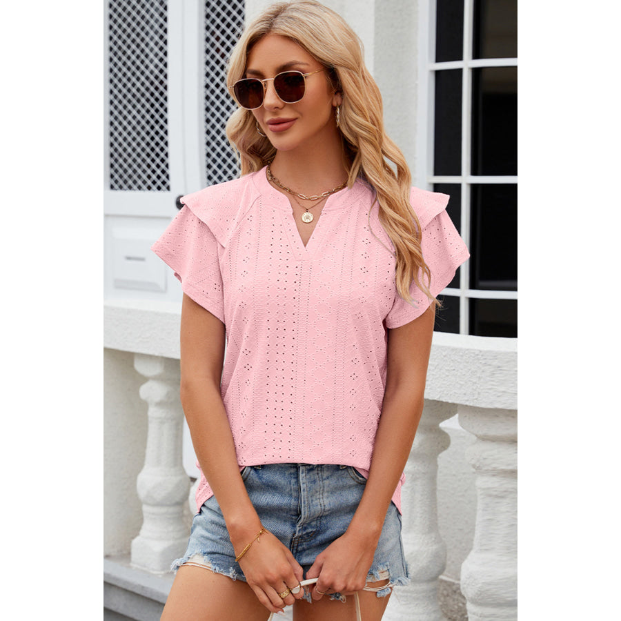 Eyelet Notched Flutter Sleeve T - Shirt Blush Pink / S Apparel and Accessories