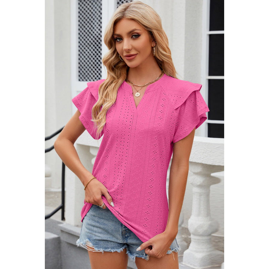 Eyelet Notched Flutter Sleeve T - Shirt Hot Pink / S Apparel and Accessories