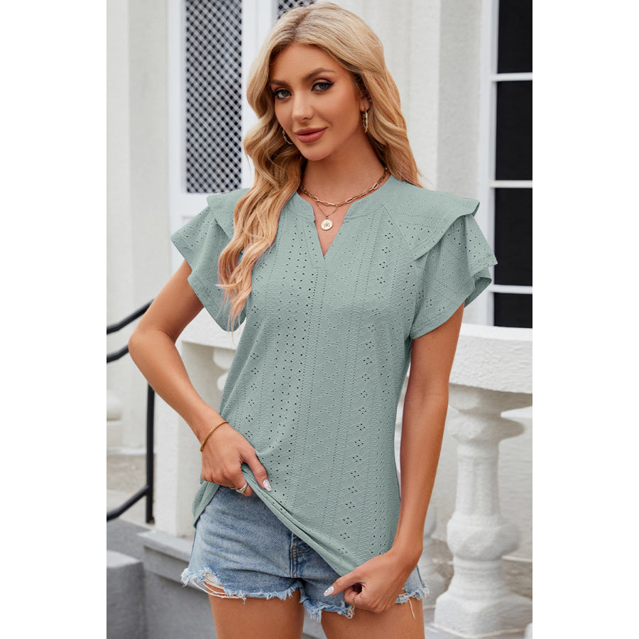 Eyelet Notched Flutter Sleeve T - Shirt Sage / S Apparel and Accessories