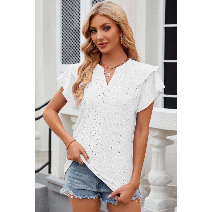 Eyelet Notched Flutter Sleeve T - Shirt White / S Apparel and Accessories