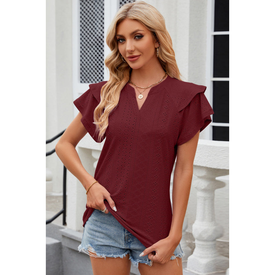 Eyelet Notched Flutter Sleeve T - Shirt Wine / S Apparel and Accessories