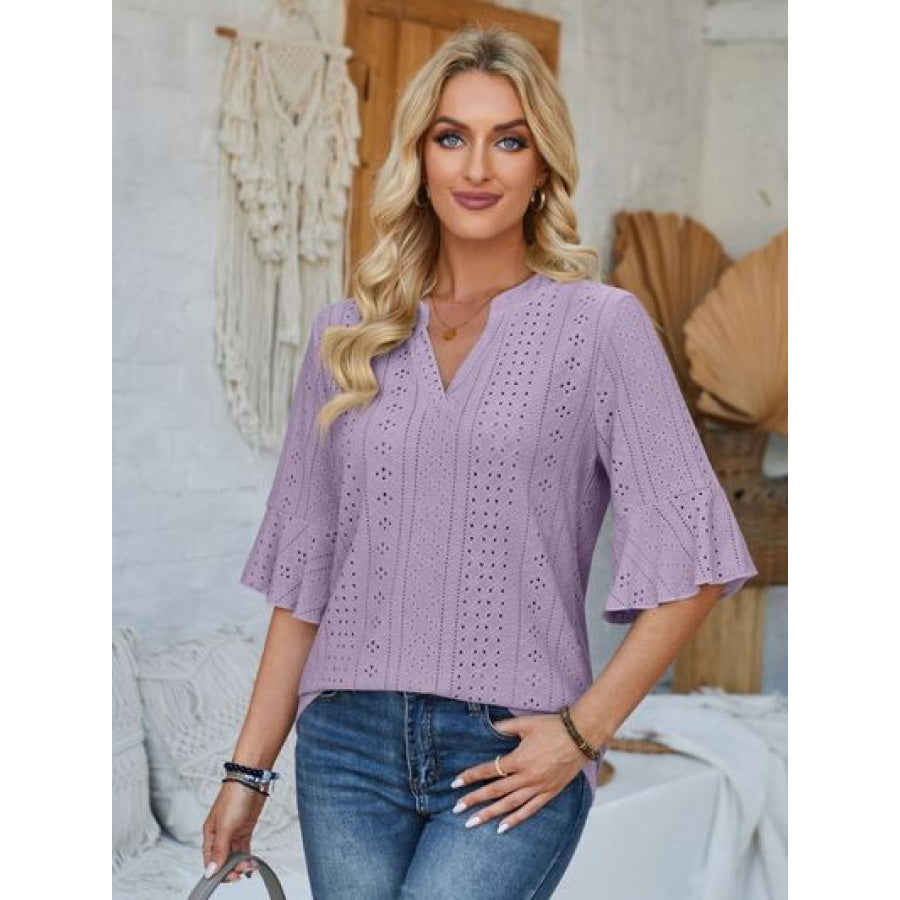 Eyelet Notched Half Sleeve T - Shirt Apparel and Accessories