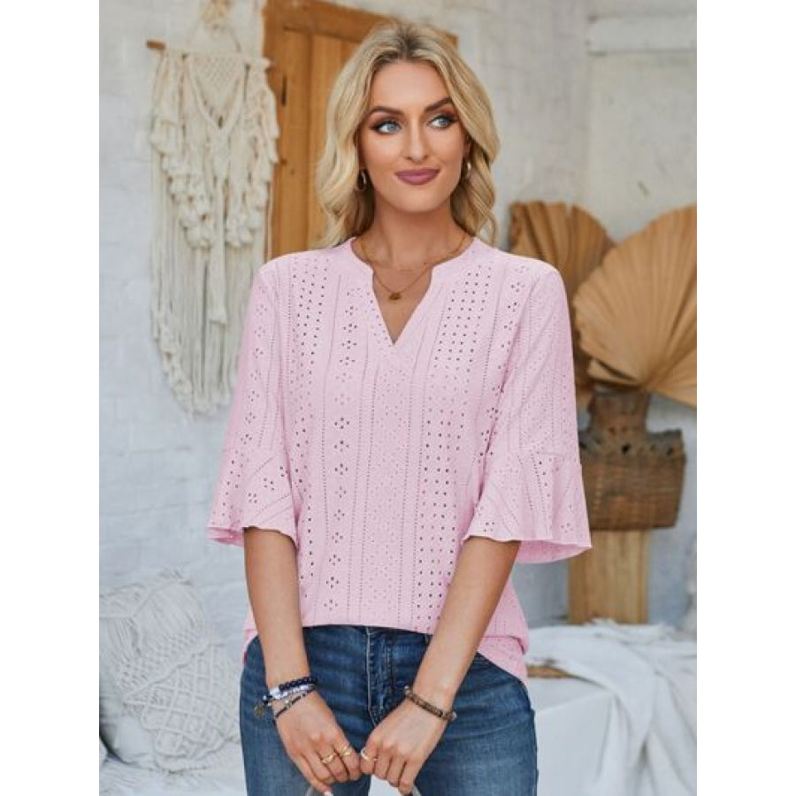 Eyelet Notched Half Sleeve T - Shirt Apparel and Accessories