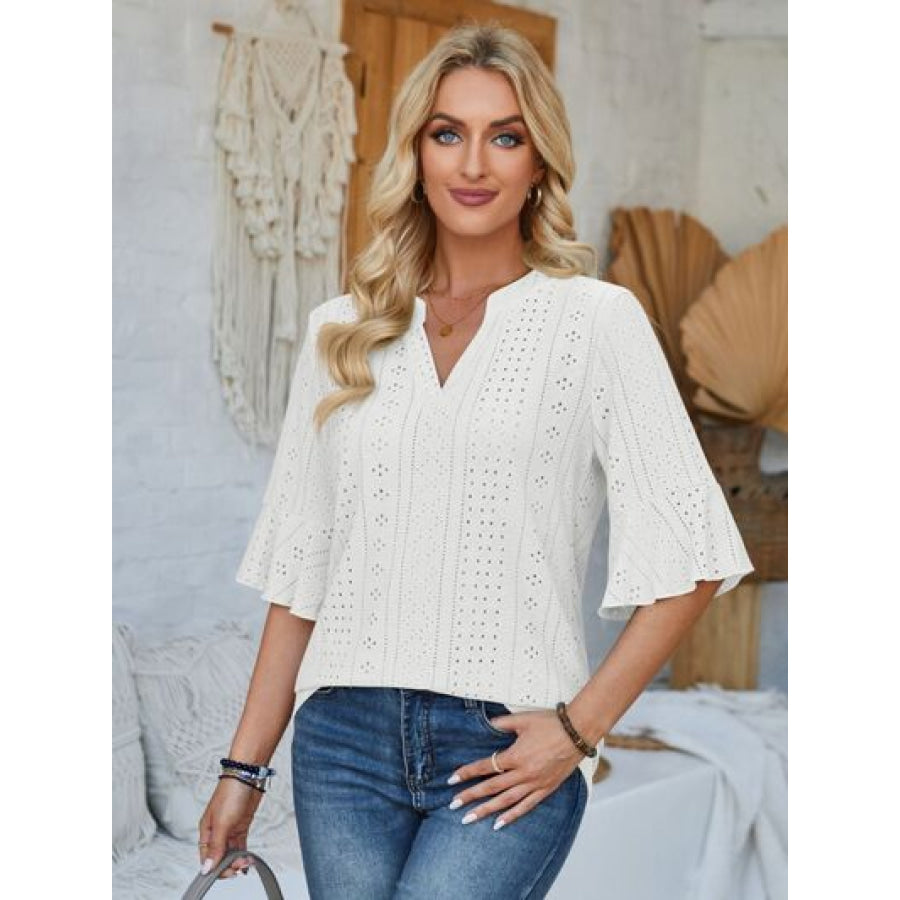 Eyelet Notched Half Sleeve T - Shirt Apparel and Accessories