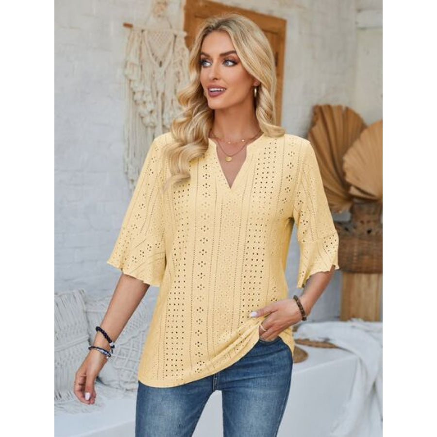 Eyelet Notched Half Sleeve T - Shirt Butter Yellow / S Apparel and Accessories