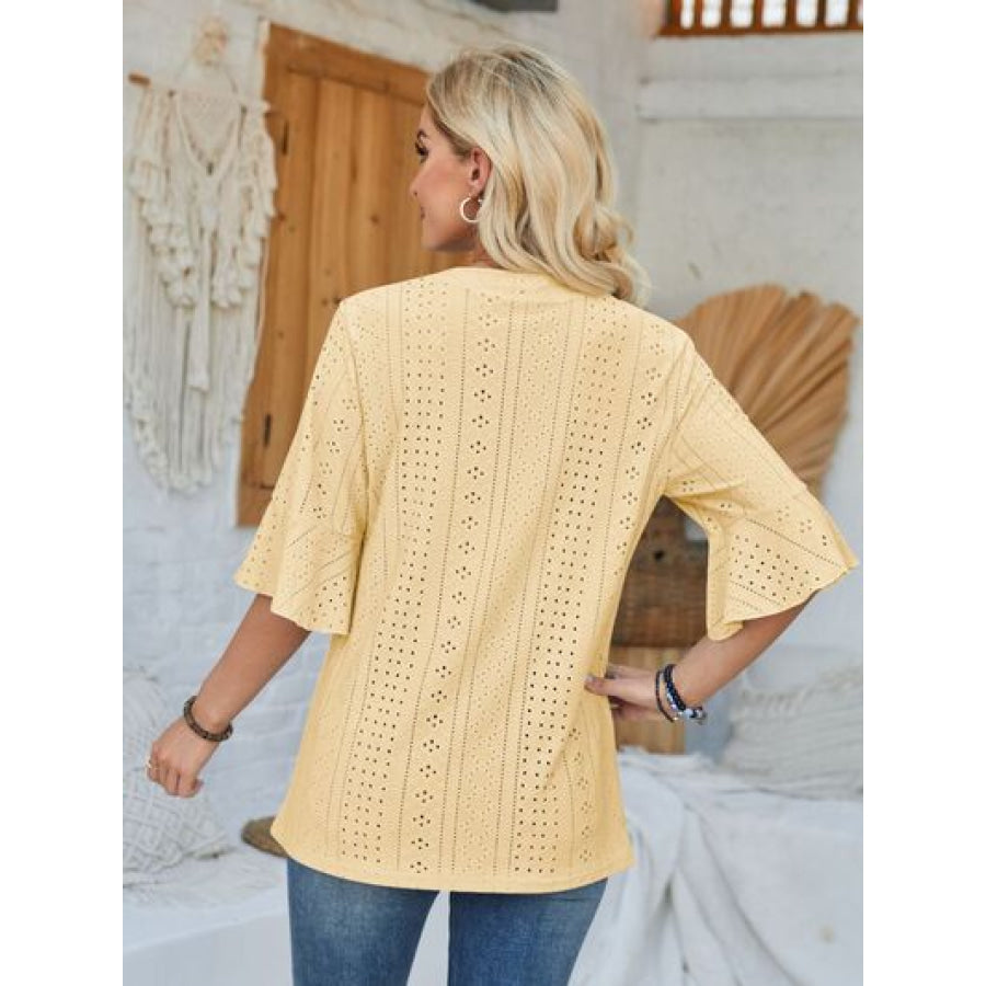 Eyelet Notched Half Sleeve T - Shirt Apparel and Accessories