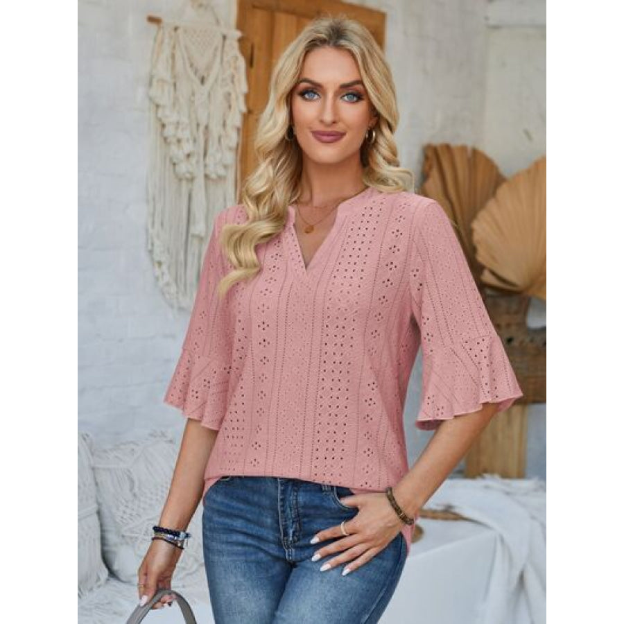 Eyelet Notched Half Sleeve T - Shirt Apparel and Accessories