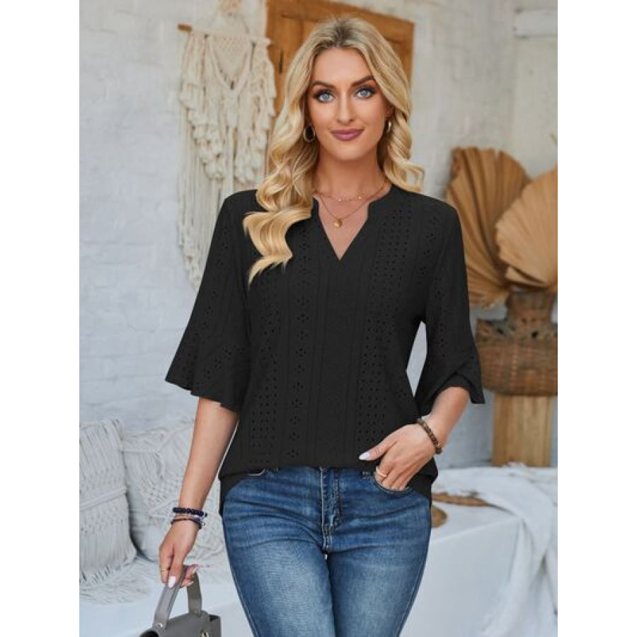 Eyelet Notched Half Sleeve T - Shirt Black / S Apparel and Accessories
