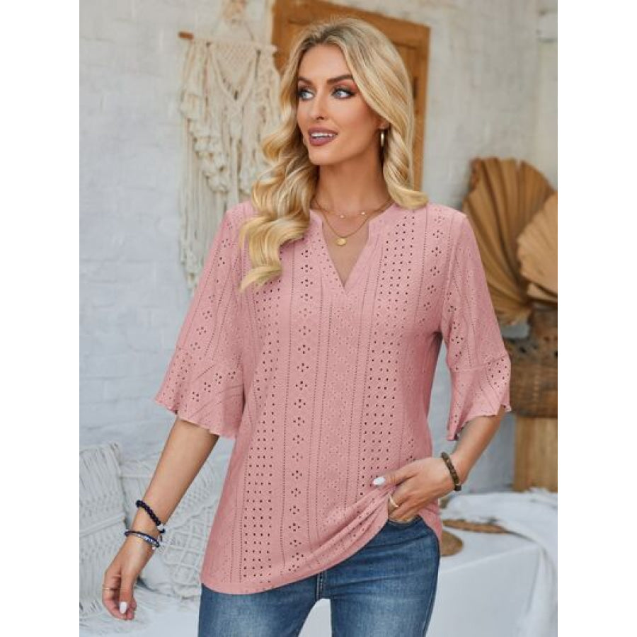 Eyelet Notched Half Sleeve T - Shirt Light Mauve / S Apparel and Accessories