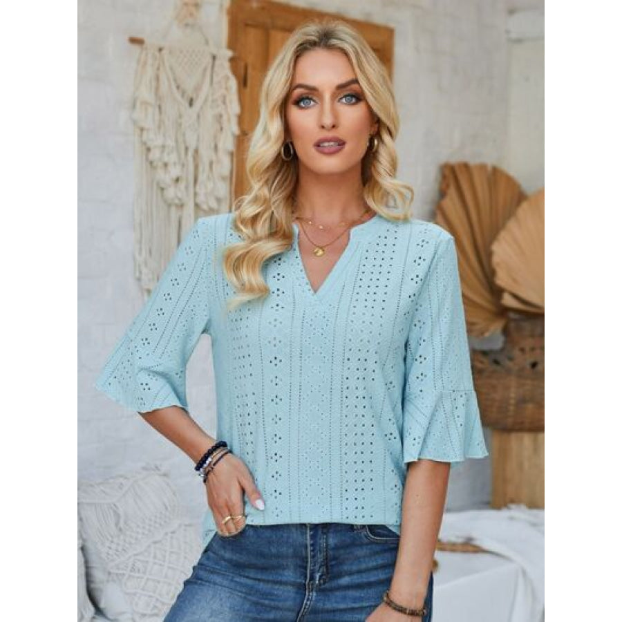 Eyelet Notched Half Sleeve T - Shirt Pastel Blue / S Apparel and Accessories