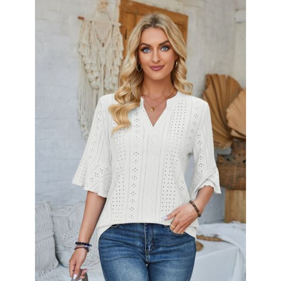 Eyelet Notched Half Sleeve T - Shirt White / S Apparel and Accessories