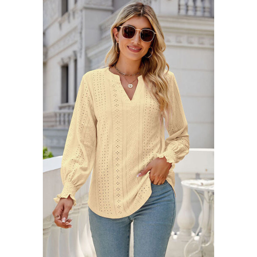 Eyelet Notched Lantern Sleeve T-Shirt Pastel Yellow / S Clothing