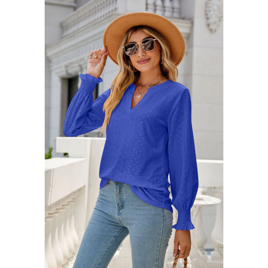 Eyelet Notched Lantern Sleeve T-Shirt Ultra marine / S Clothing