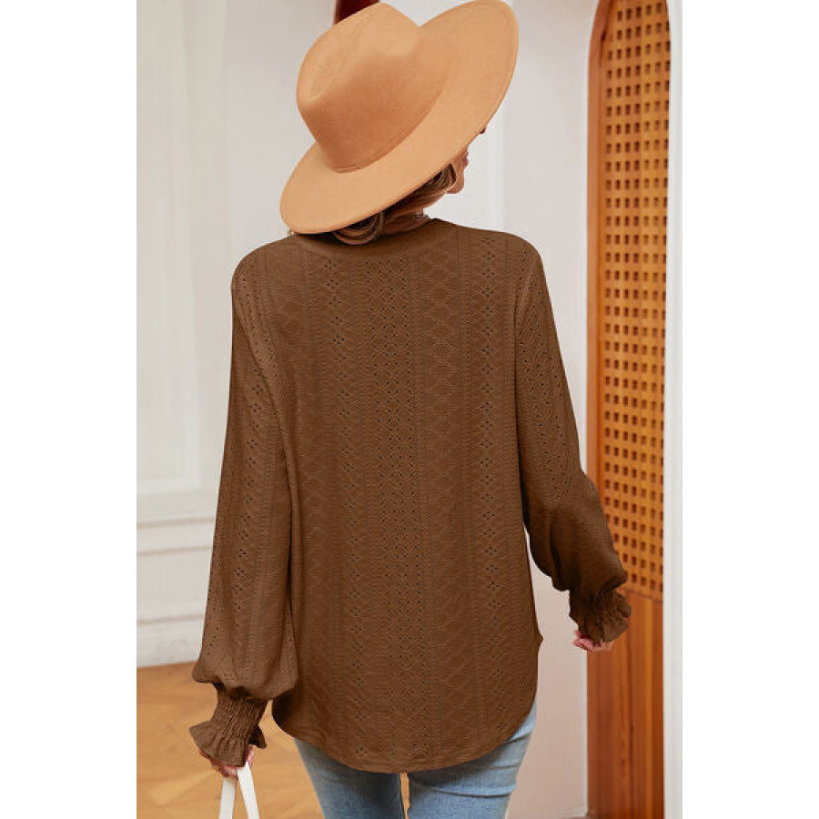 Eyelet Notched Long Sleeve T - Shirt Apparel and Accessories