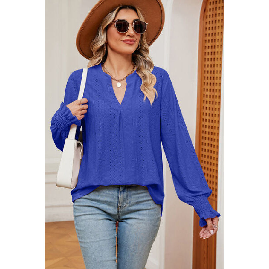 Eyelet Notched Long Sleeve T - Shirt Apparel and Accessories