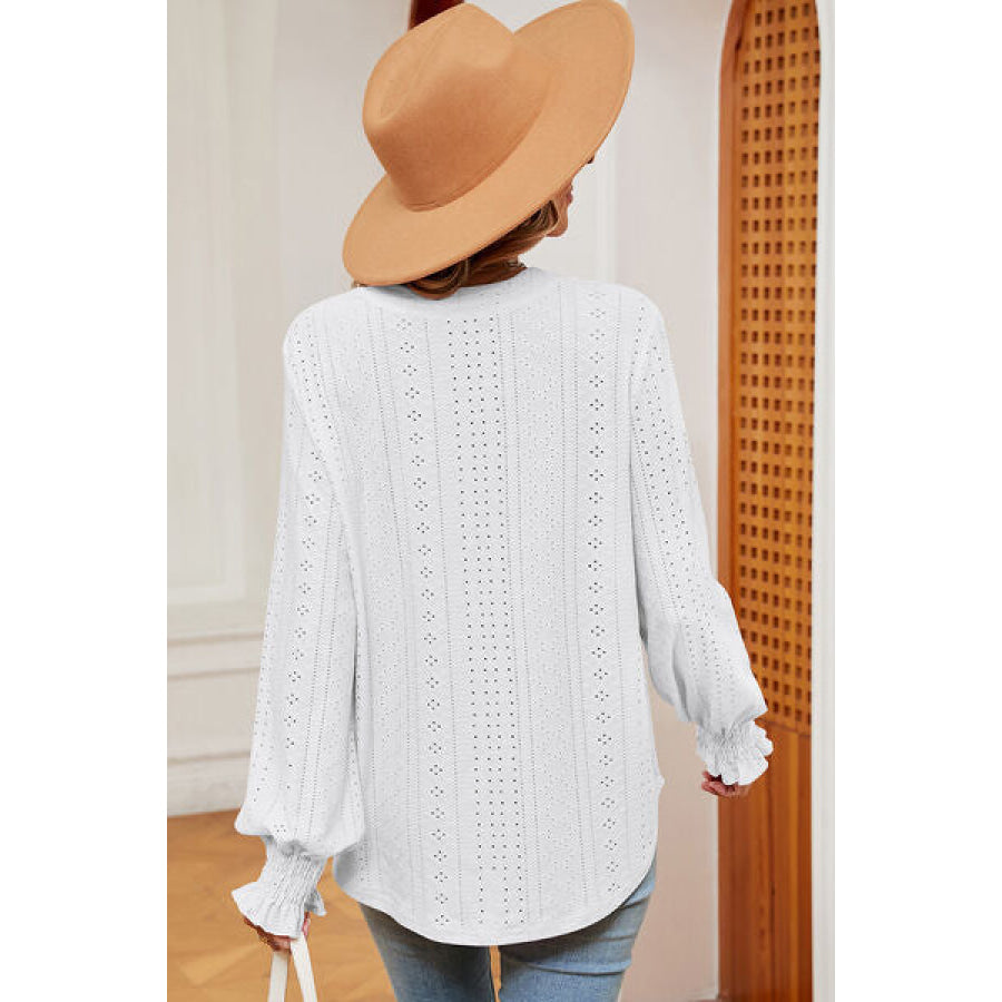 Eyelet Notched Long Sleeve T - Shirt Apparel and Accessories