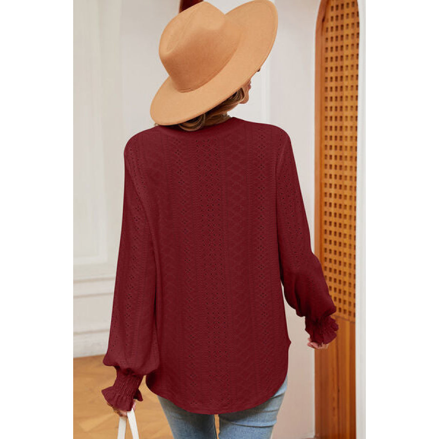 Eyelet Notched Long Sleeve T - Shirt Apparel and Accessories