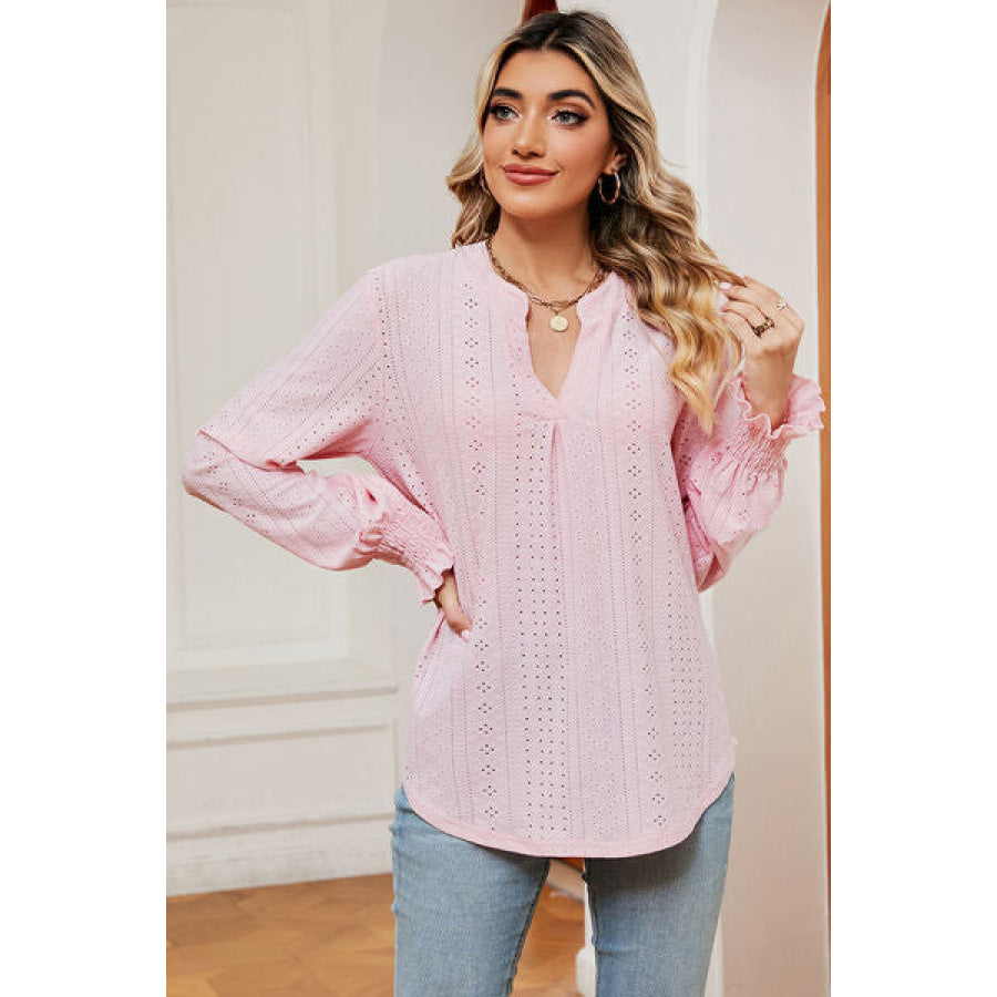 Eyelet Notched Long Sleeve T - Shirt Apparel and Accessories
